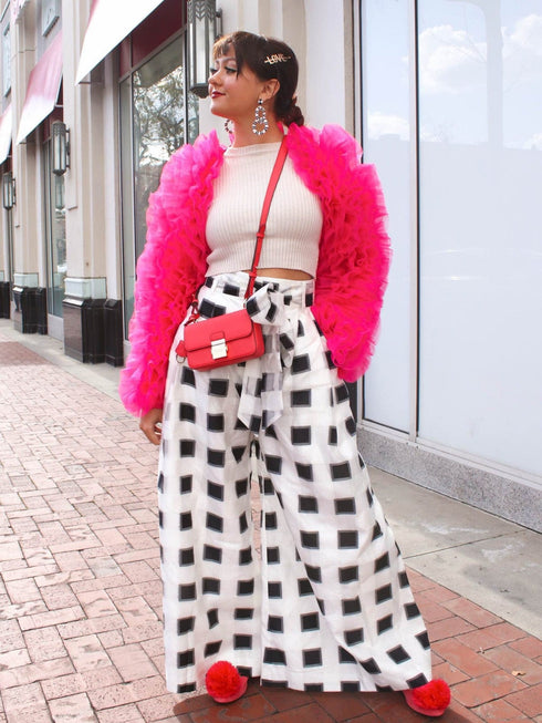 Belted Wide-Leg Pants - Black and White Check